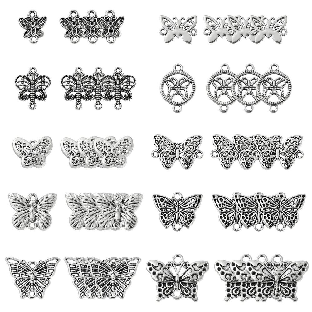 5469 100 pcs 10 Styles Antique Silver Hollow Butterfly Link Charms Double